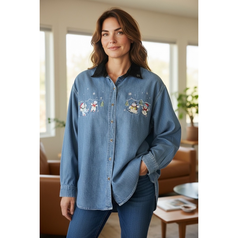 At Last & Co Denim Shirt Women 18W Blue Embroidered Snowman Velvet Collar Xmas